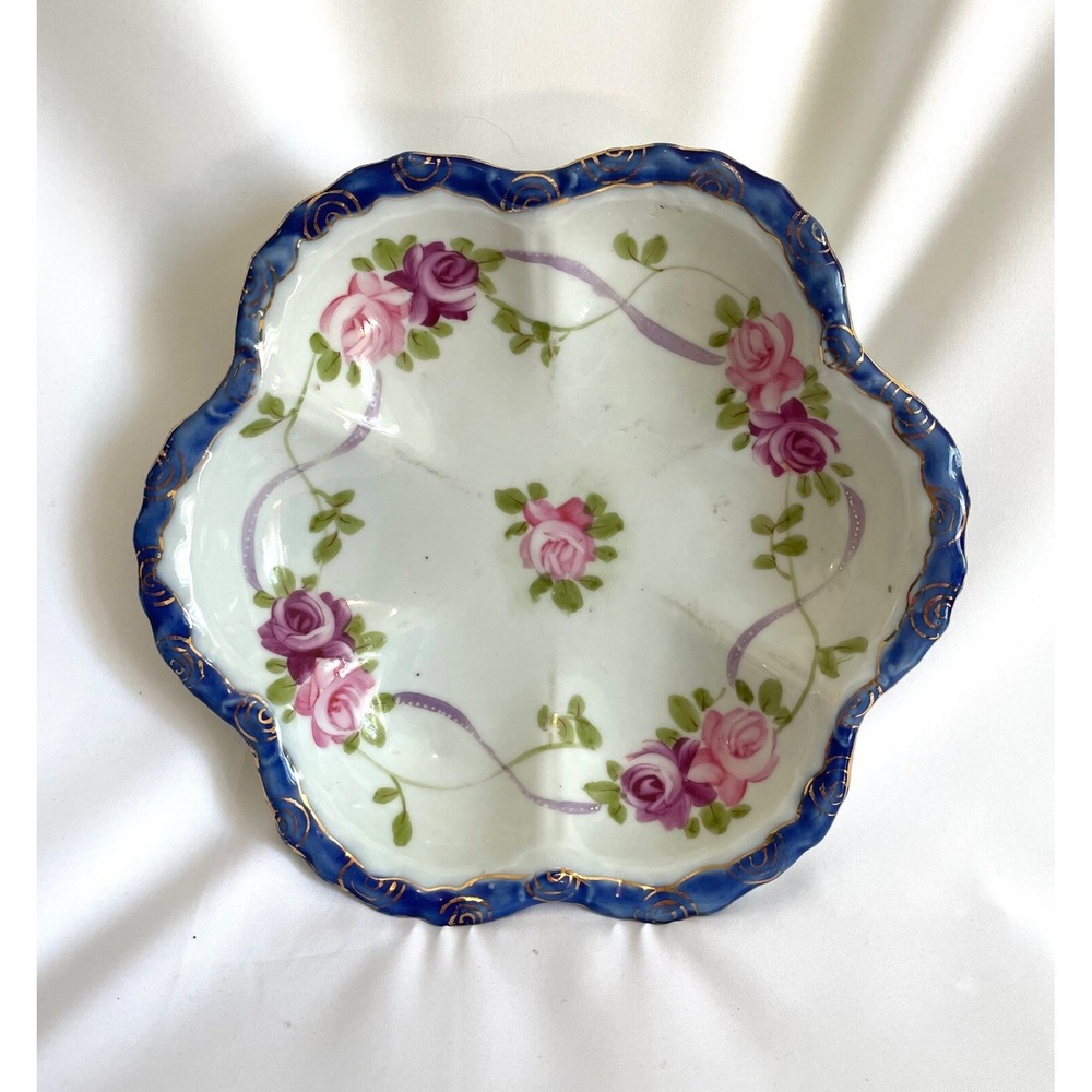 NIPPON Hand Painted 9" Dish Made in Japan Cobalt Rim Floral Gold Accent Rose VTG